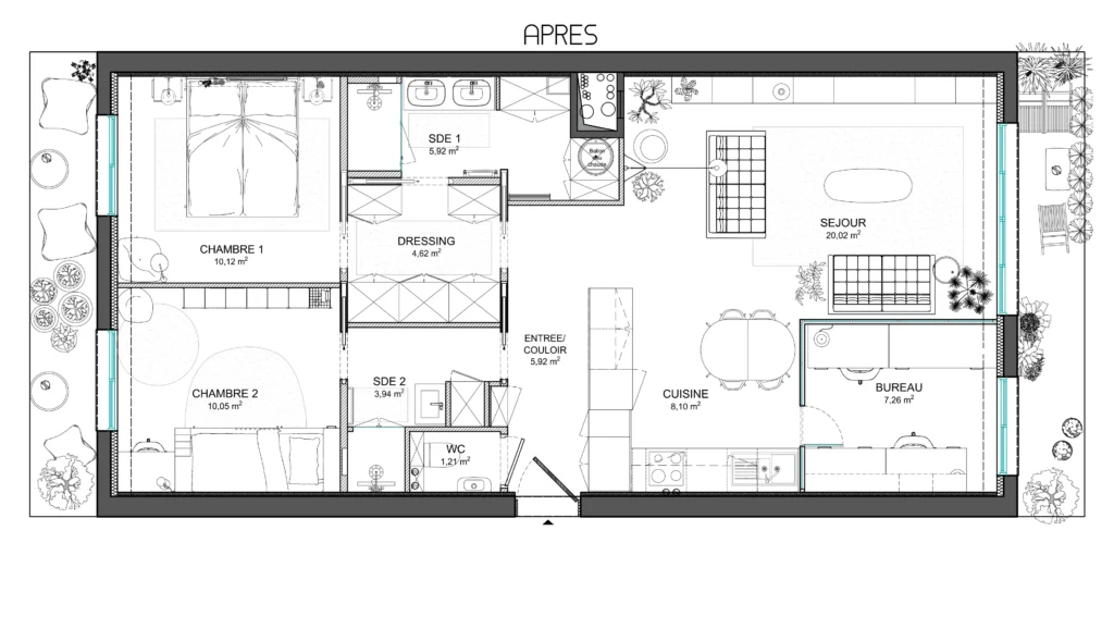 L'espace a été optimisé et intègre désormais toutes les pièces souhaitées par les clients. Le dressing a été réalisé en enfilade ainsi que la salle d'eau destinée à la chambre d'enfant, ceci dans le but de conserver un maximum d'espace. Le meuble de cuisine permet de définir l'entrée et le couloir sans le cloisonner et les balcons ont été aménagé.
