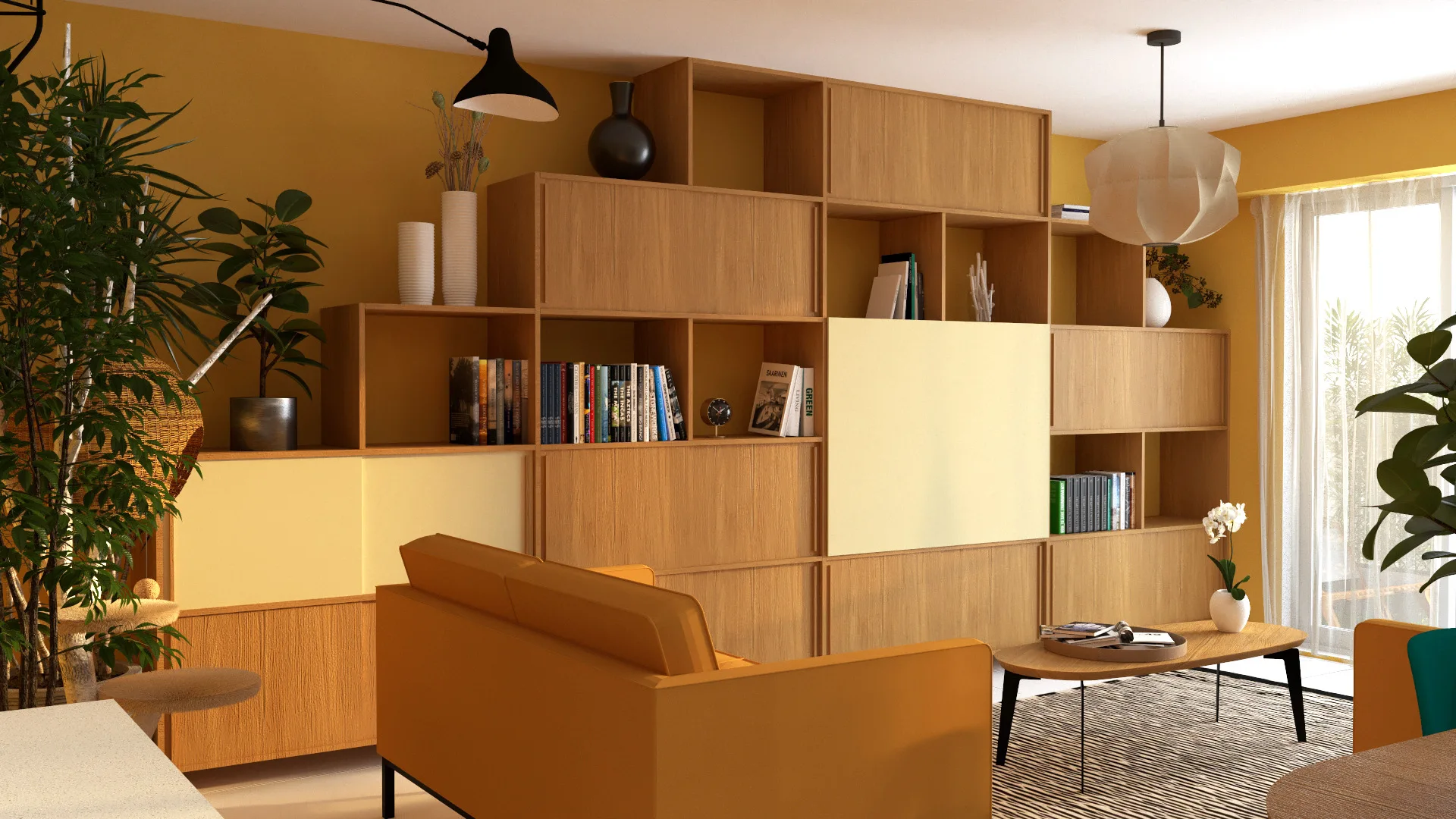 Meuble de salon avec des niches, des parties fermées par des portes coulissantes, et un télévistion dissimulée derrière un panneau coulissant