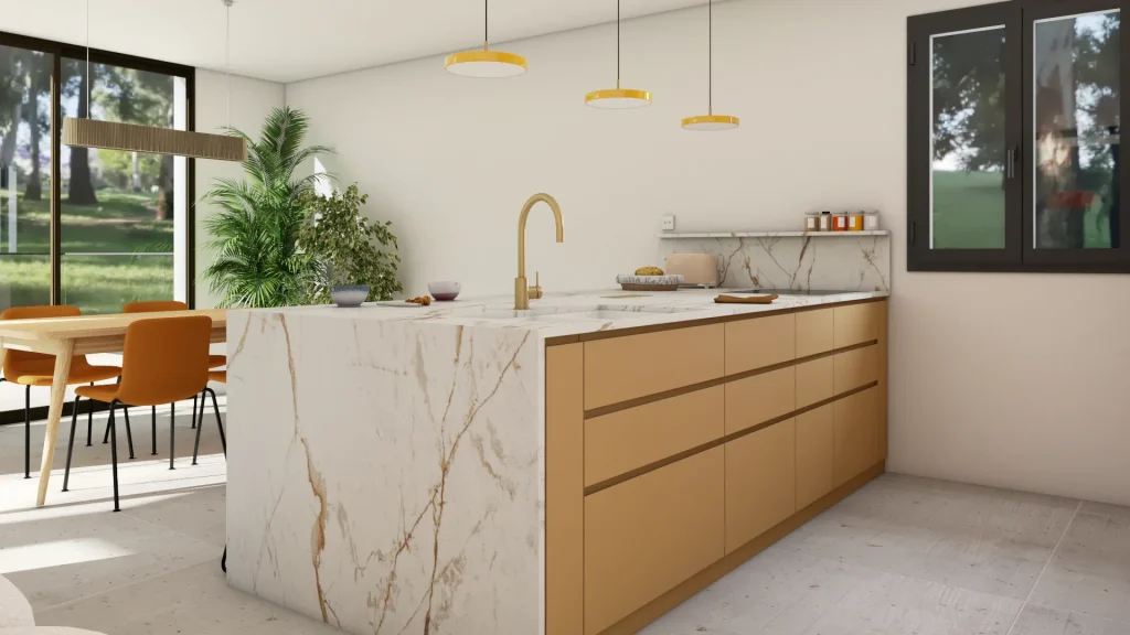Cuisine lumineuse avec façades en bois et ocre, péninsule et plan de travail mineral en dekton blanc et doré