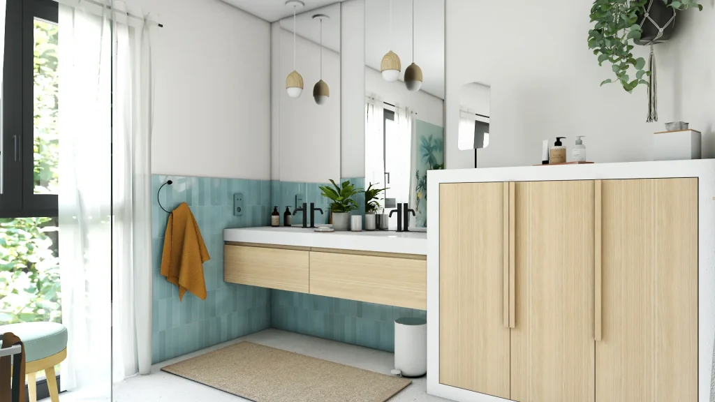 Salle de bain lumineuse avec double vasque en bois, baignoire et zellige bleu turquoise