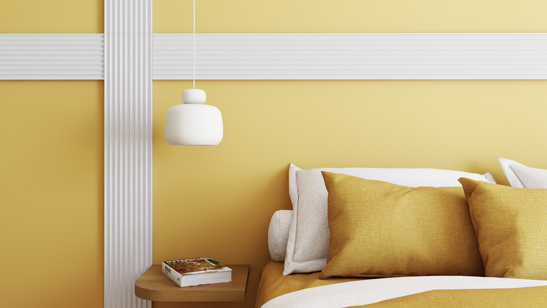 Chambre-tete-de-lit-moulures-blanc-jaune-moutarde-table-de-nuit-bois-graphique-details-long