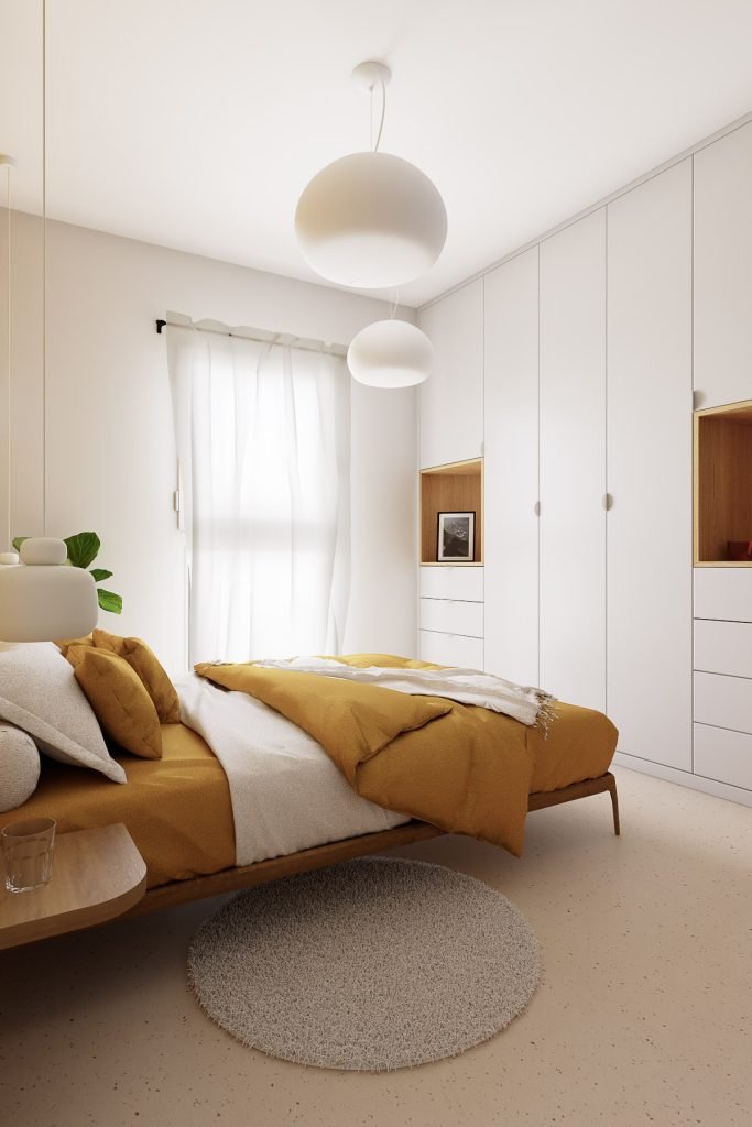 Vue 3D de la chambre avec lit aux tonalités ocre et grand ensemble de rangements blancs sur mesure.