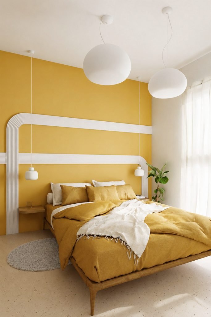 Vue 3D de la chambre avec mur jaune moutarde, encadrement blanc rainuré autour du lit et suspensions de chevet.