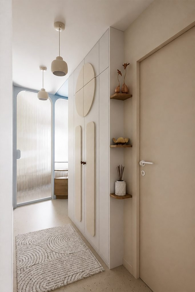 Vue 3D de l’entrée avec penderie, rangement à chaussures et étagères décoratives intégrés sur mesure.