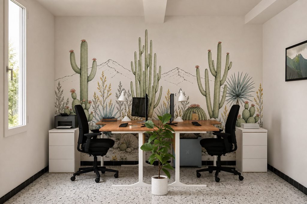 Vue 3D du bureau pour deux personnes avec deux postes de travail devant un papier peint panoramique représentant des cactus et des montagnes.