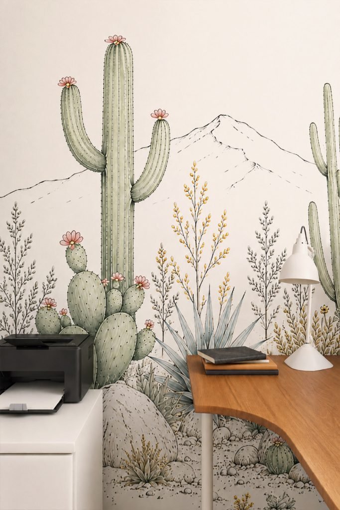Vue rapprochée du coin bureau en bois devant un papier peint panoramique illustré de cactus fleuris et de montagnes.