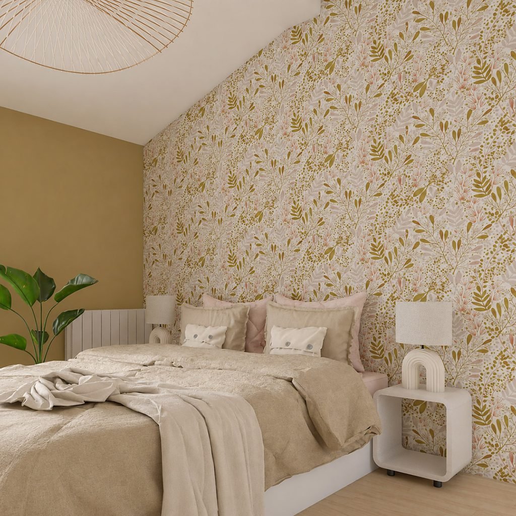Vue 3D de la chambre d’adolescente avec papier peint végétal, linge de lit beige et rose et mur ocre clair.