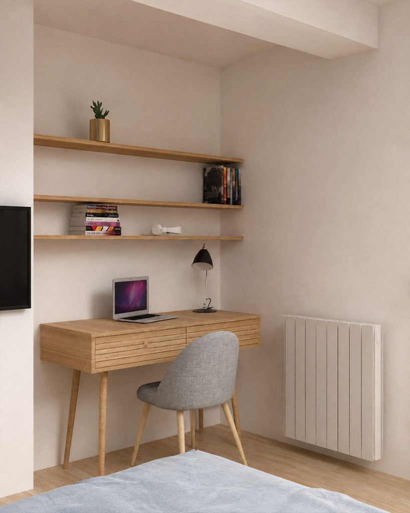 Vue 3D du coin bureau de la chambre avec bureau en bois, étagères murales et chaise grise.