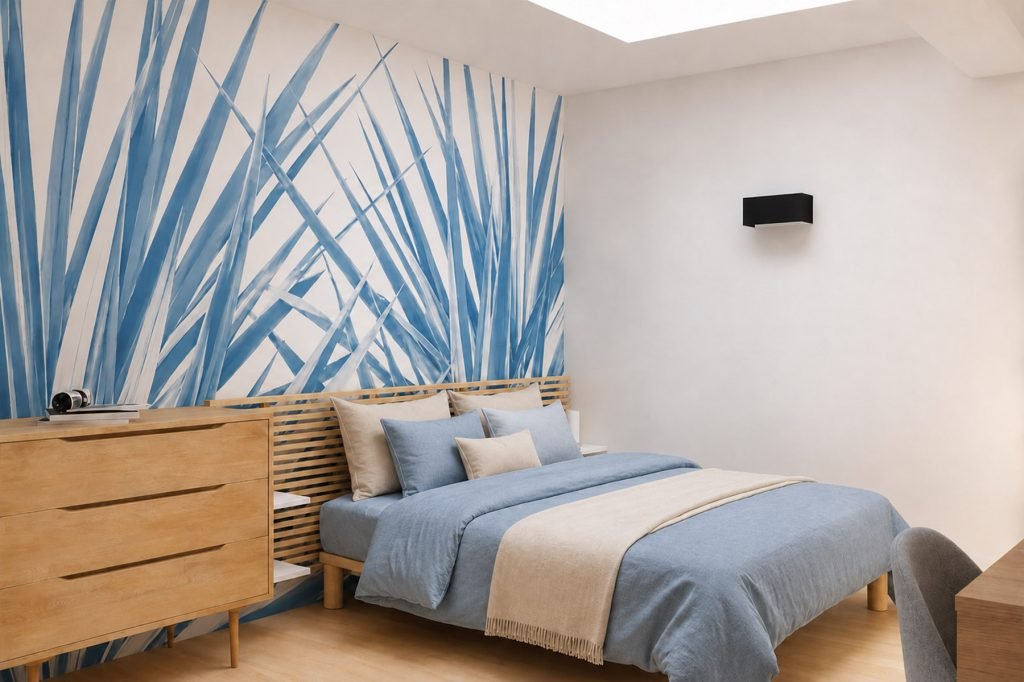 Vue 3D de la chambre avec linge de lit bleu et beige, mobilier en bois et papier peint panoramique représentant des feuilles de yucca.
