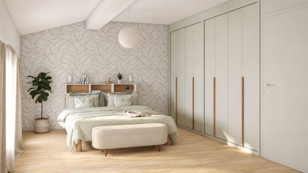 Vue 3D de la chambre parentale avec papier peint végétal feuille de bananier noir et blanc, tête de lit en chêne et grands placards vert sauge.