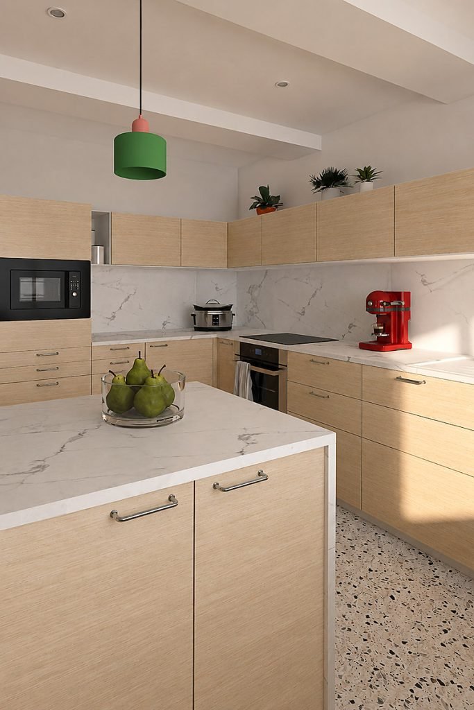 Vue 3D de la cuisine avec façades en bois clair, plan de travail effet marbre et sol en terrazzo.