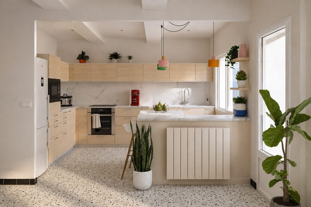 Vue d’ensemble de la cuisine ouverte en bois clair avec péninsule, plan de travail effet marbre et terrazzo existant conservé.