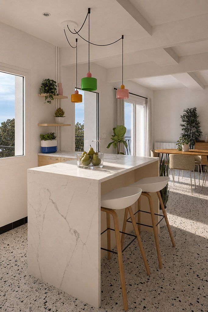 Vue 3D de la péninsule de cuisine avec coin repas, tabourets en bois, suspensions colorées et son sol en terrazzo restauré.
