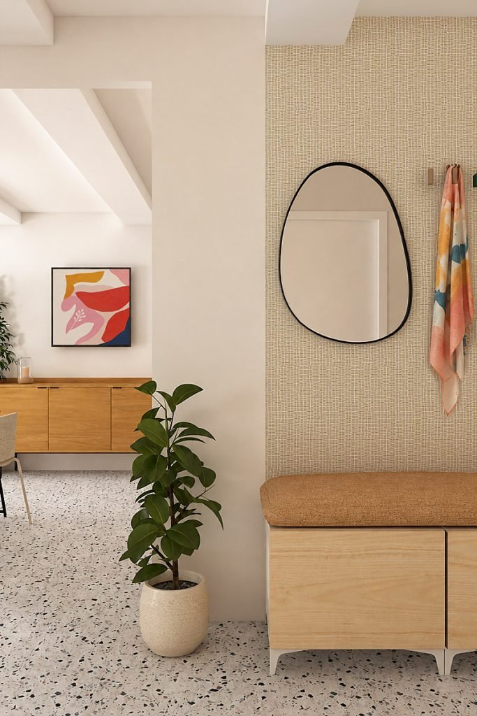 Vue 3D de l’entrée avec banquette et rangement en bois clair, miroir arrondi, foulard coloré et sol en terrazzo, ouverte sur la salle à manger.
