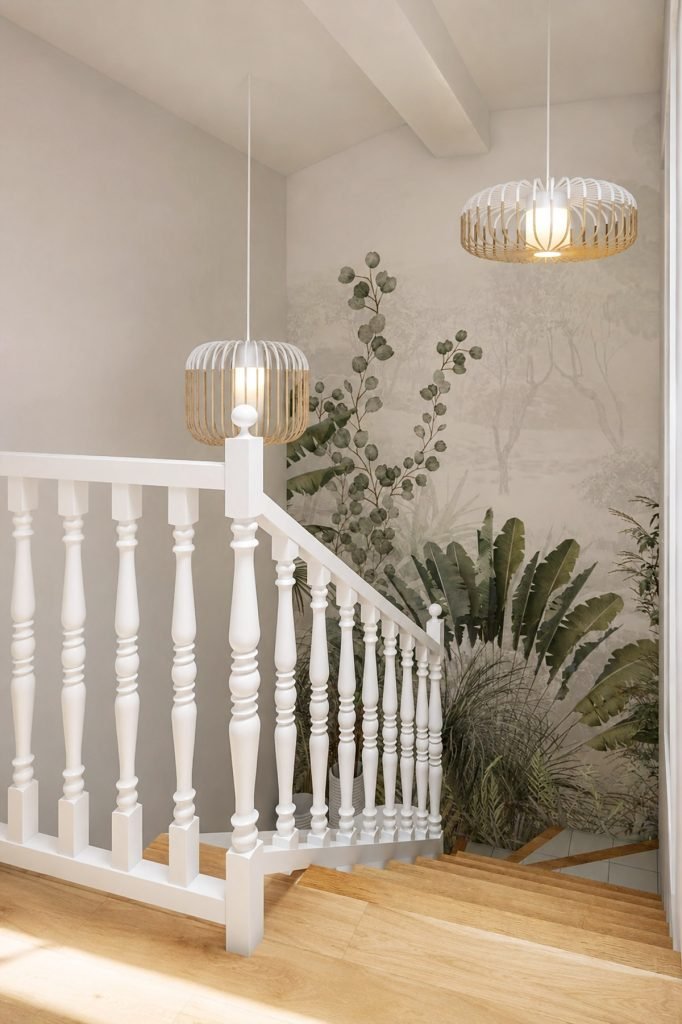 Vue 3D de l’escalier en bois avec garde-corps blanc, papier peint panoramique végétal et suspensions en bois et blanc.