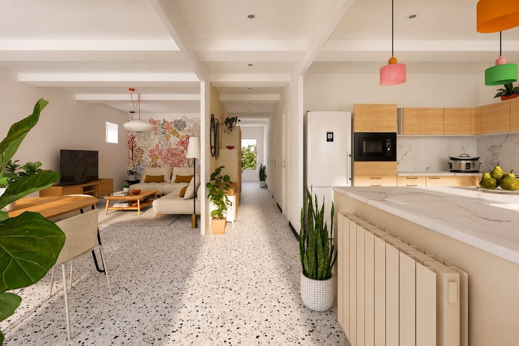 Vue 3D de la rénovation intérieure avec salon, salle à manger et cuisine ouverte