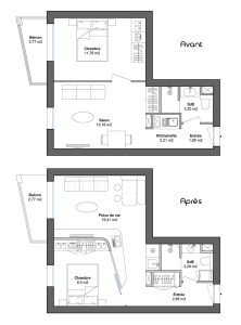 Plans avant et après d’un appartement deux-pièces en VEFA : inversion de la chambre et du séjour, création d’une cuisine ouverte et de rangements dans l’entrée.