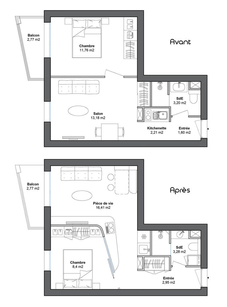 Plans avant et après d’un appartement deux-pièces en VEFA : inversion de la chambre et du séjour, création d’une cuisine ouverte et de rangements dans l’entrée.