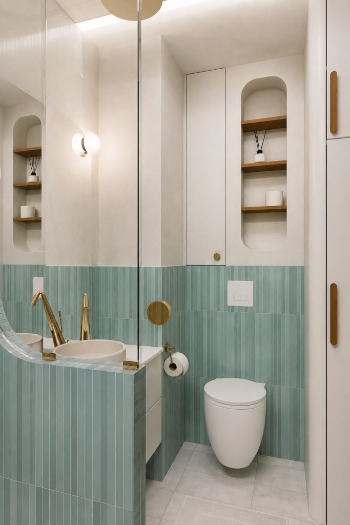 Vue 3D de la salle d’eau avec WC suspendu, rangements intégrés et niche murale aux étagères en bois.