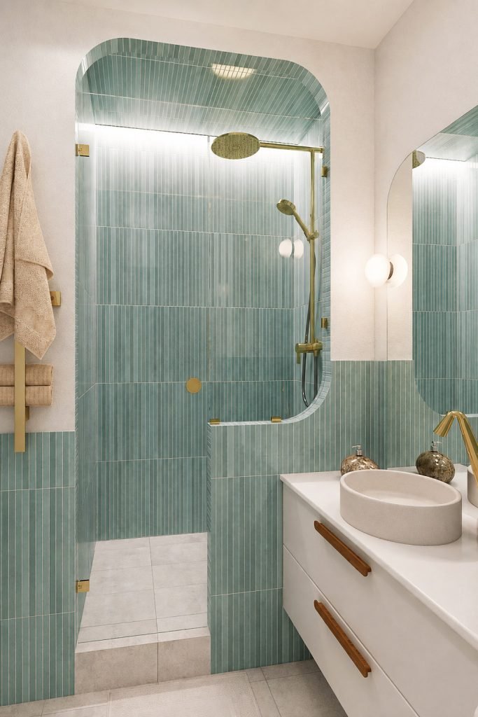 Vue 3D de la salle d’eau avec douche aux angles arrondis, carrelage bleu-vert et robinetterie en laiton.