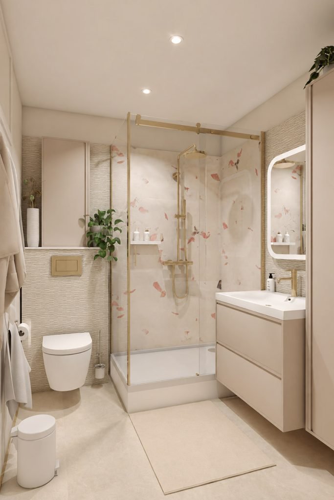 Vue 3D de la douche avec paroi vitrée, robinetterie dorée et revêtement mural clair ponctué de motifs colorés.