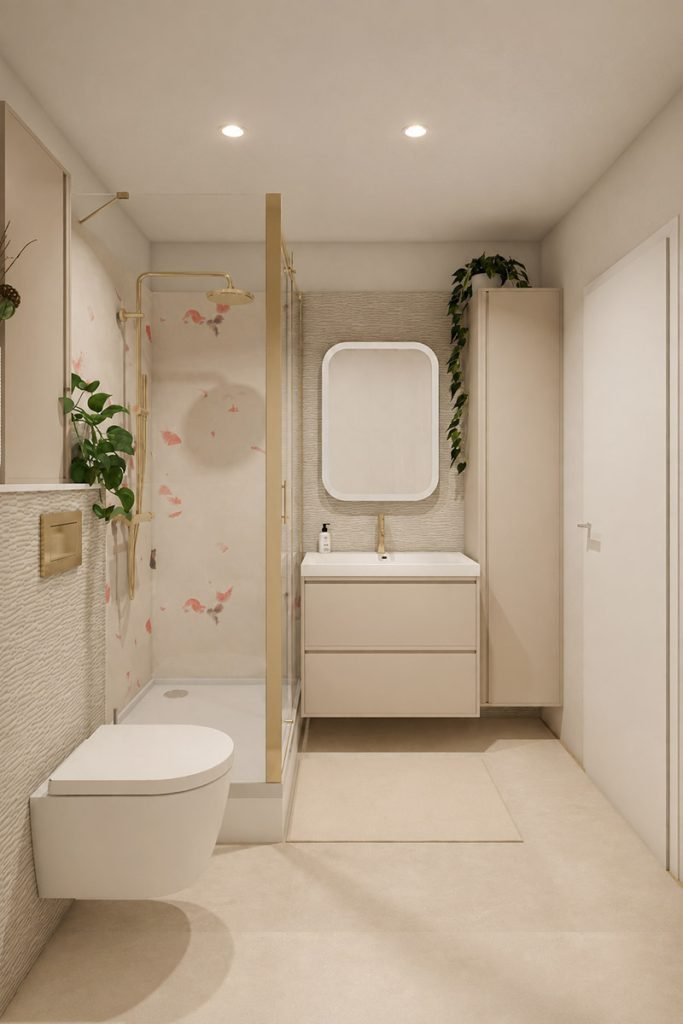Vue 3D de la salle d’eau beige avec douche, WC suspendu, meuble vasque et robinetterie dorée.