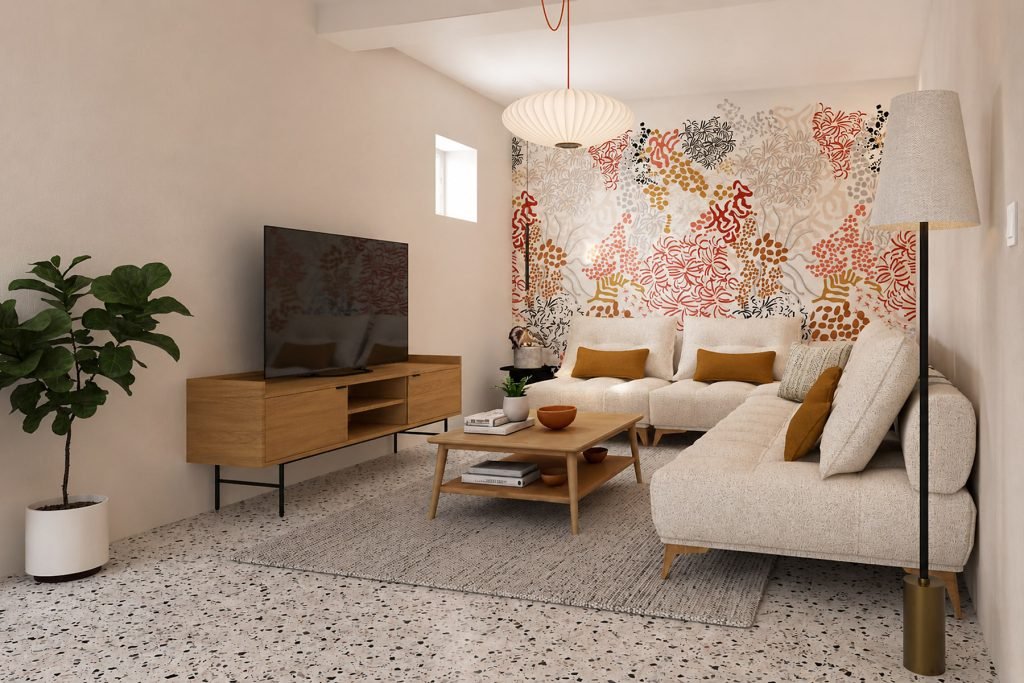 Vue 3D du salon avec canapé d’angle écru, papier peint panoramique coloré corail, mobilier en bois de chêne et sol en terrazzo