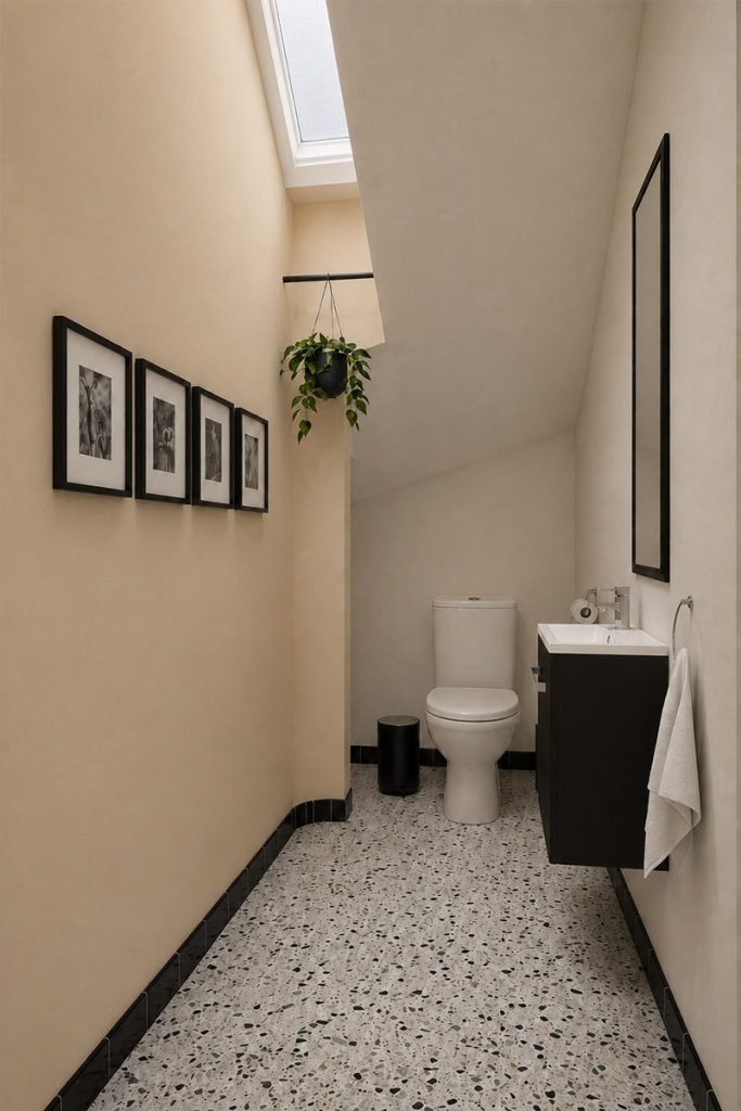 Vue 3D des WC aménagés sous pente avec meuble vasque noir, sol en terrazzo et fenêtre intérieure en verre dépoli laissant entrer la lumière de l’escalier.