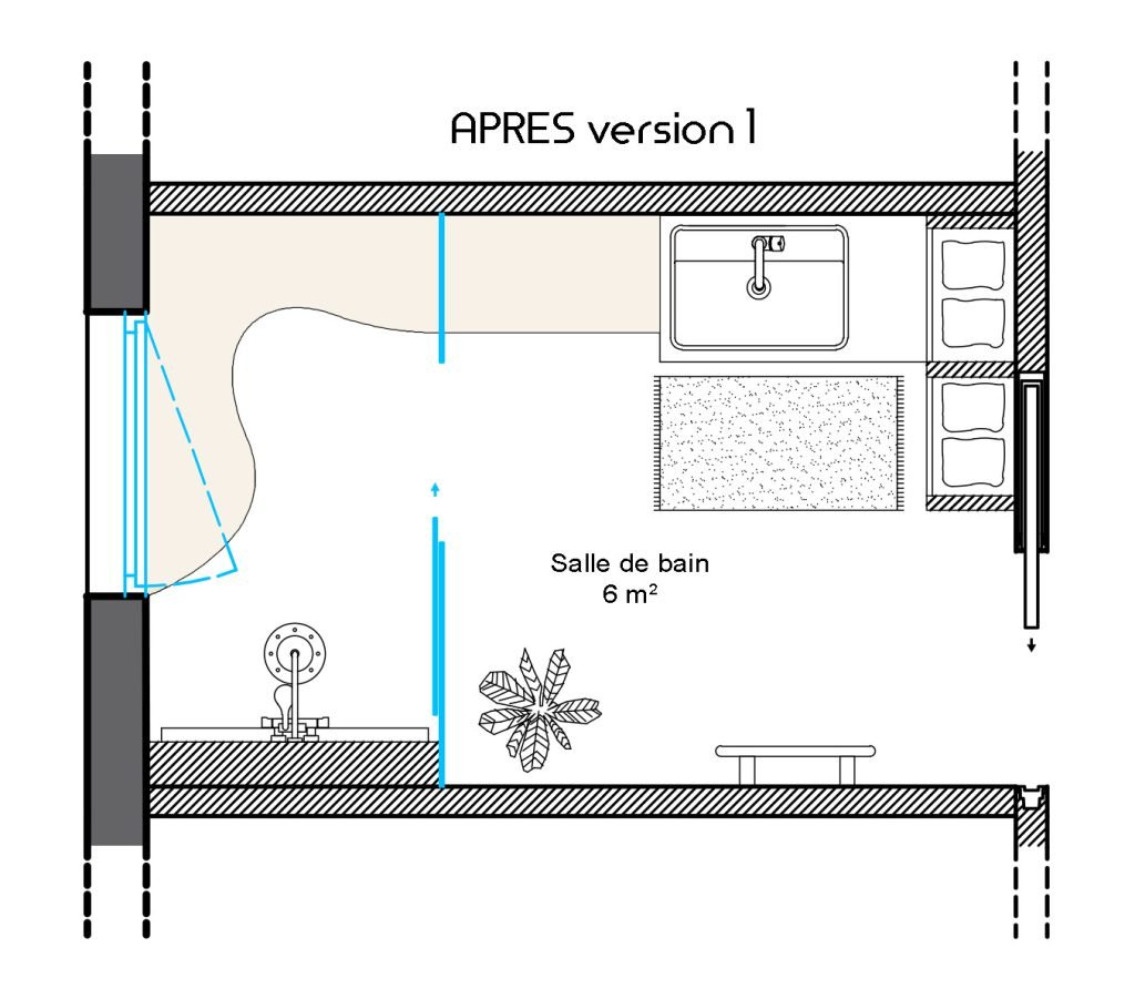 Plan après rénovation d’une salle de bain de 6 m² adaptée aux seniors, avec grande douche de 190 × 100 cm, assise arrondie et rangements intégrés.