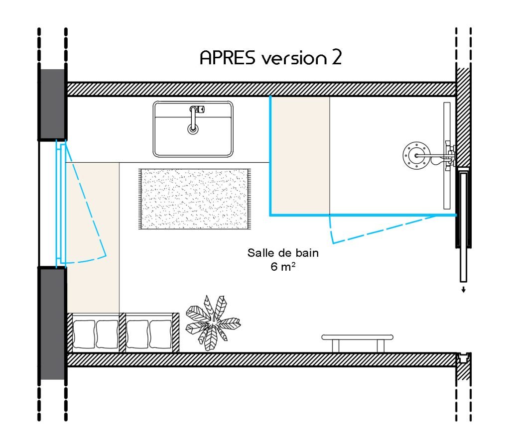 Seconde proposition de plan après rénovation d’une salle de bain de 6 m², avec grande douche adaptée aux seniors, meuble vasque et rangements intégrés.
