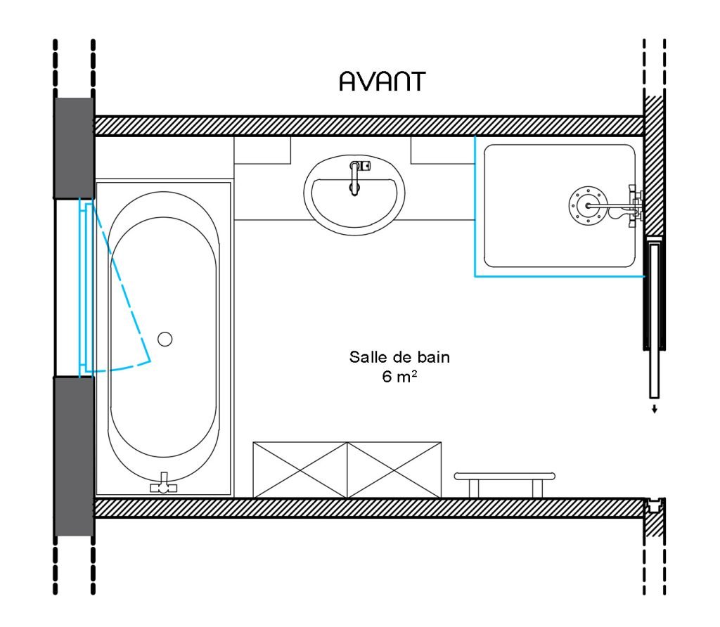 Plan avant rénovation d’une salle de bain de 6 m² avec baignoire, cabine de douche étroite et meuble vasque.