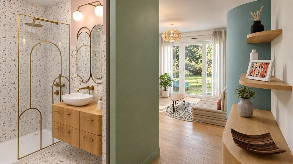 Aménagement d’un studio de 26 m² à Pierrefitte, avec salle d’eau en terrazzo et pièce de vie lumineuse ouverte sur le jardin.