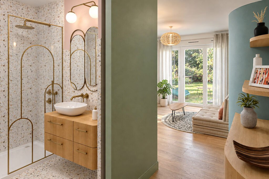 Aménagement d’un studio de 26 m² à Pierrefitte, avec salle d’eau en terrazzo et pièce de vie lumineuse ouverte sur le jardin.