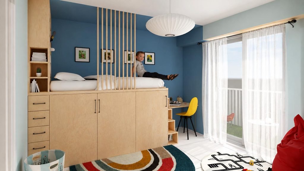 Chambre avec lit surélevé, rangements intégrés en bois et petit bureau près de la fenêtre, sur mesure.