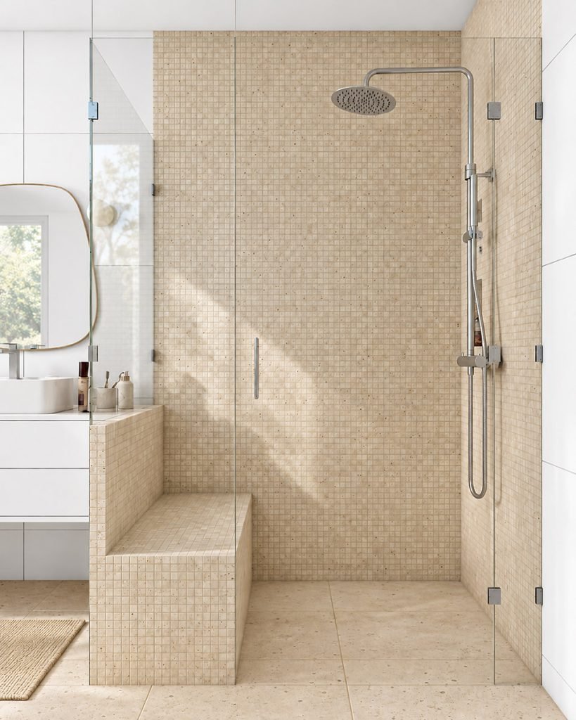 Douche ouverte adaptée aux seniors avec assise maçonnée, paroi vitrée et robinetterie chromée.
