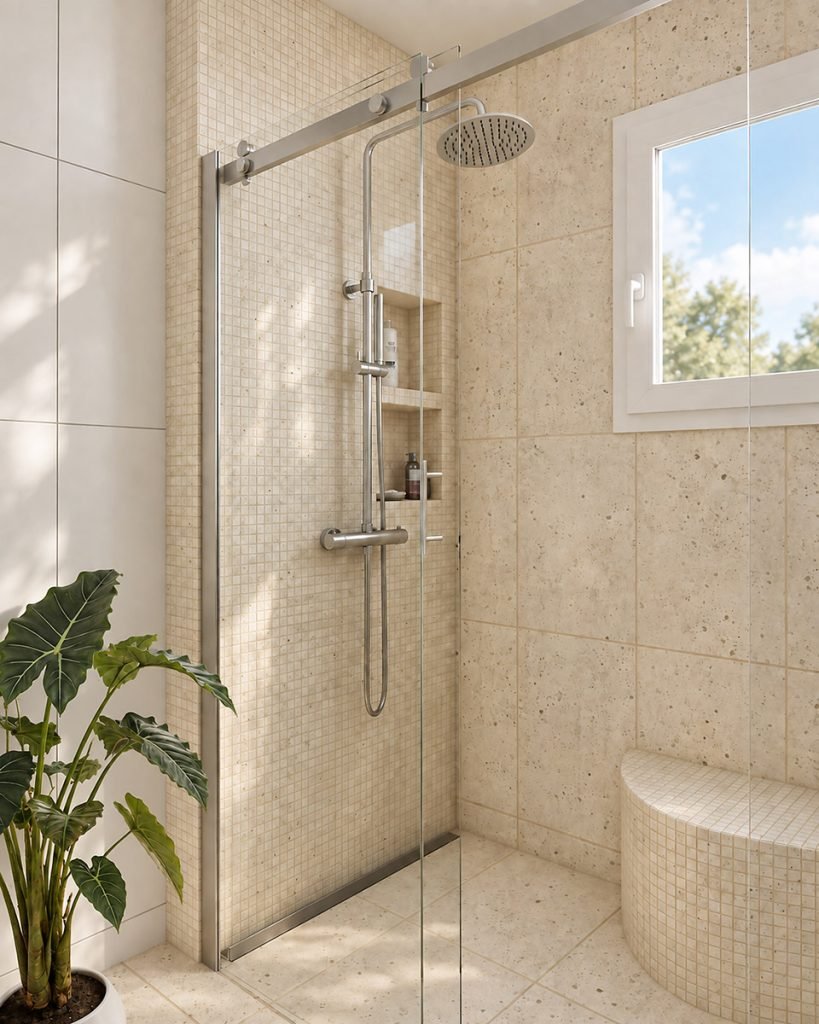 Douche à l’italienne en travertin avec banc arrondi, pensée pour le confort des seniors.