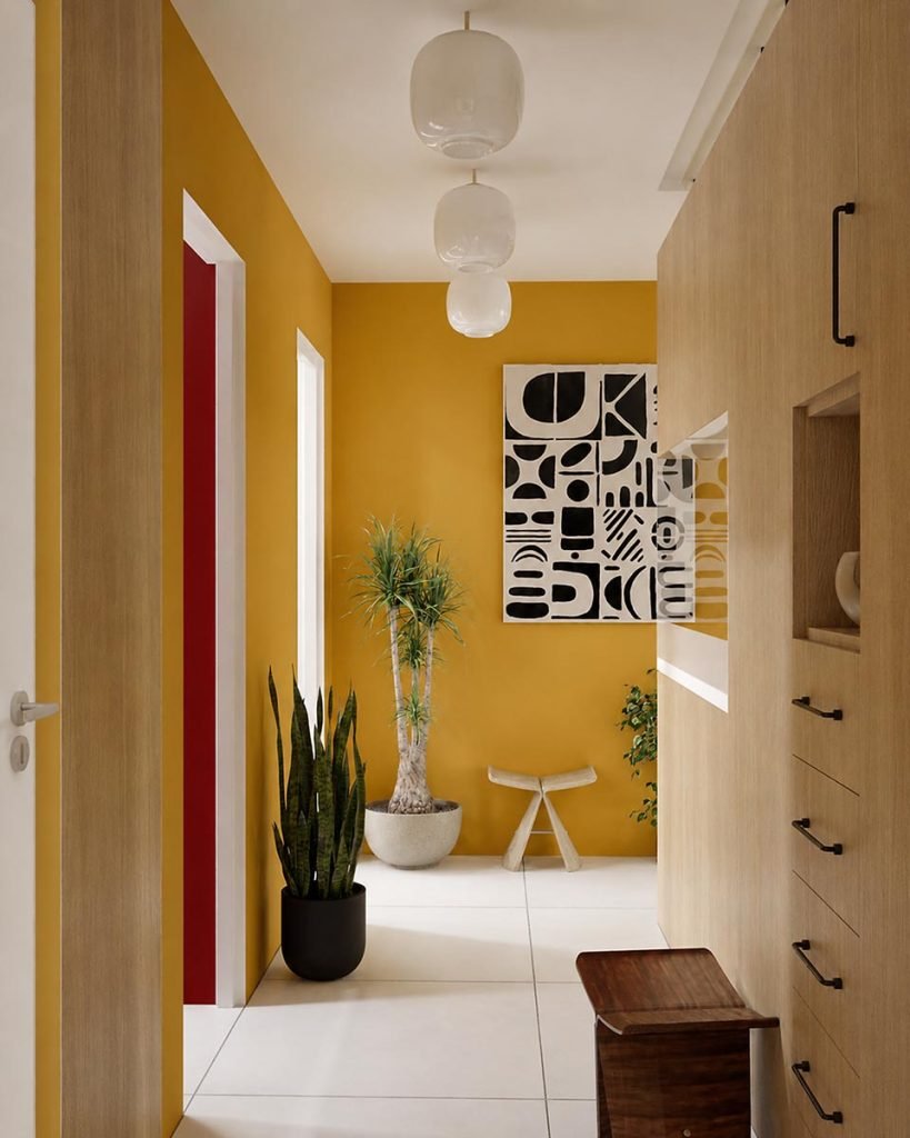 Entrée prolongée par un couloir aux murs ocre, avec rangements en bois, luminaires en verre et plantes.