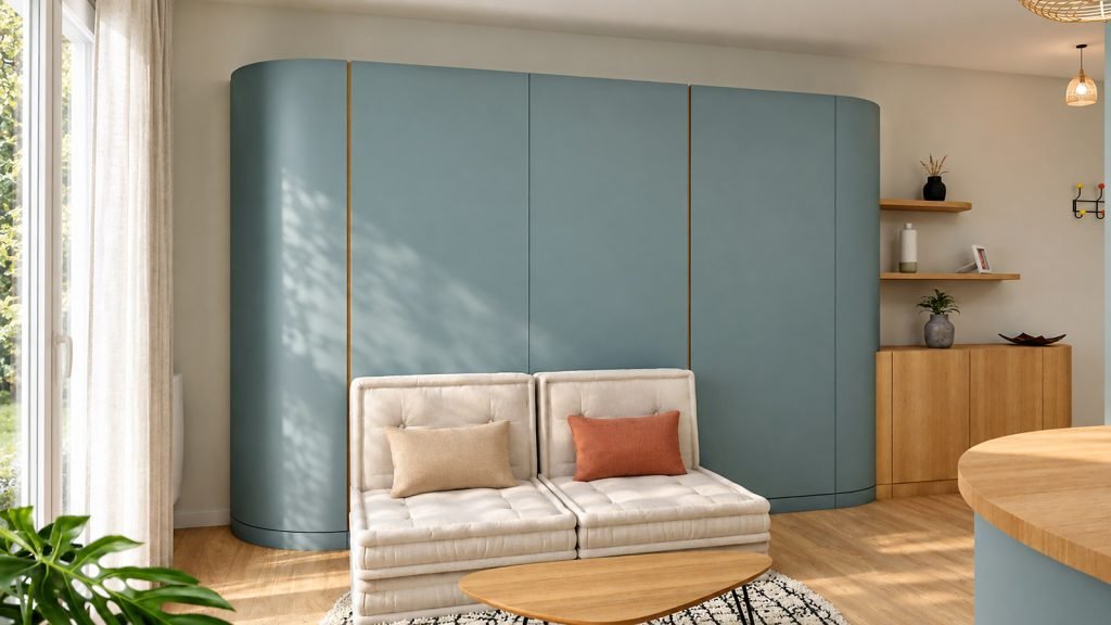 Lit escamotable fermé dans le meuble sur mesure vert profond, libérant un espace salon avec canapé modulable et table basse.