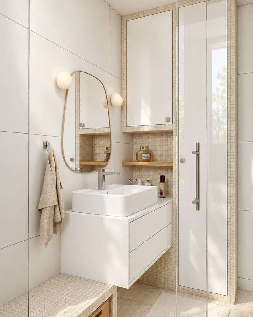 Meuble vasque blanc suspendu avec miroir arrondi et rangements intégrés dans une salle d’eau en travertin.