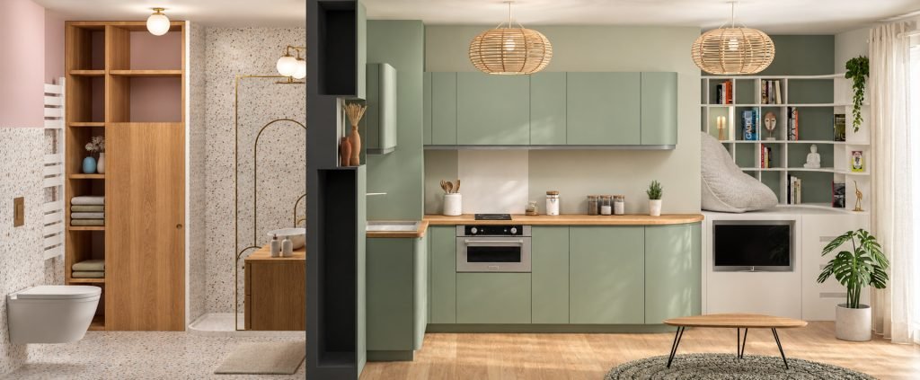 Vue d’ensemble de l’aménagement optimisé du studio de 26 m², réunissant salle d’eau, cuisine verte compacte et coin lecture avec bibliothèque sur mesure.