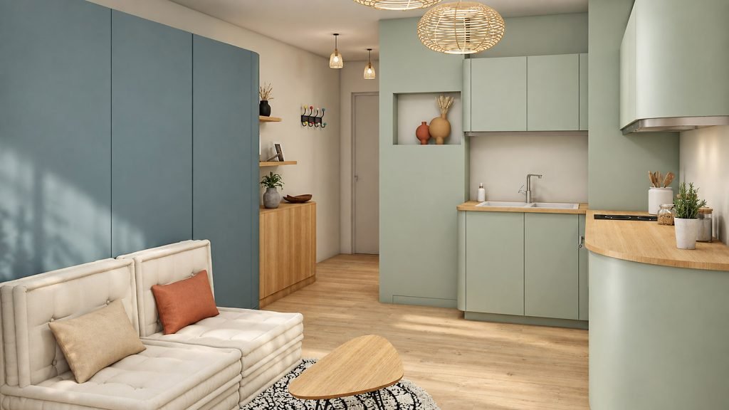 Pièce de vie modulable et chaleureuse avec lit escamotable fermé, espace salon et cuisine en L vert sauge aux formes arrondies.
