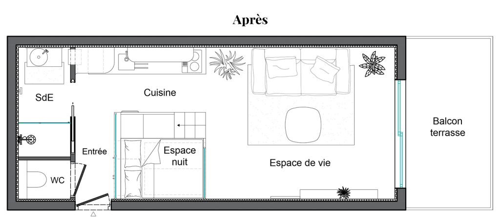 Plan après aménagement du studio de 31 m², organisé autour du cube multifonction avec cuisine ouverte et espace de vie dégagé.