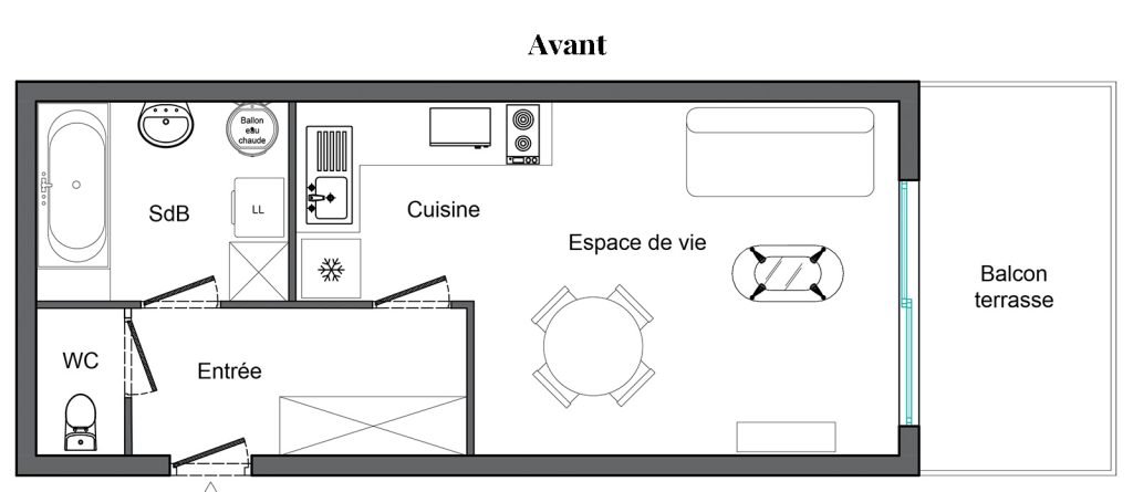 Plan avant travaux du studio de 31 m², avec cuisine linéaire et espace nuit cloisonné près de l’entrée.