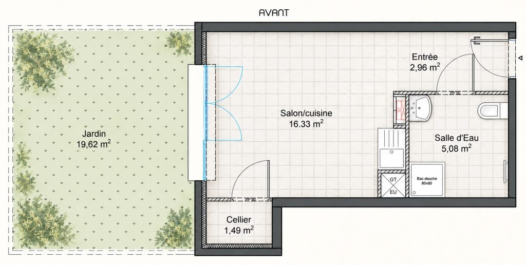 Plan avant réaménagement du studio de 26 m², avec kitchenette, cellier séparé et salle d’eau peu optimisée.