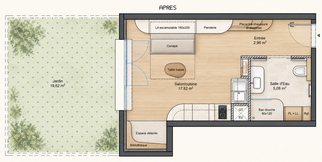Plan après réaménagement du studio de 26 m², avec lit escamotable, cuisine en L, coin lecture et rangements sur mesure.