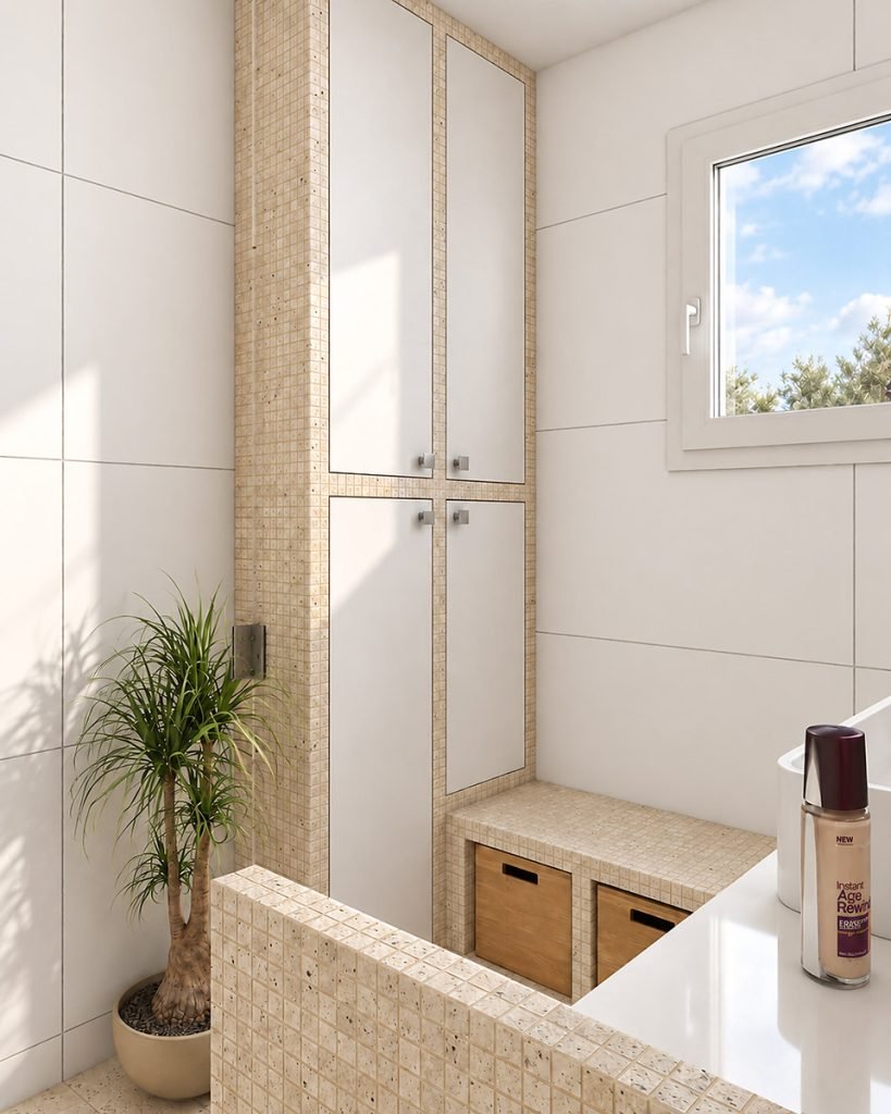 Colonne de rangement intégrée et banc en travertin avec paniers en bois près de la douche.