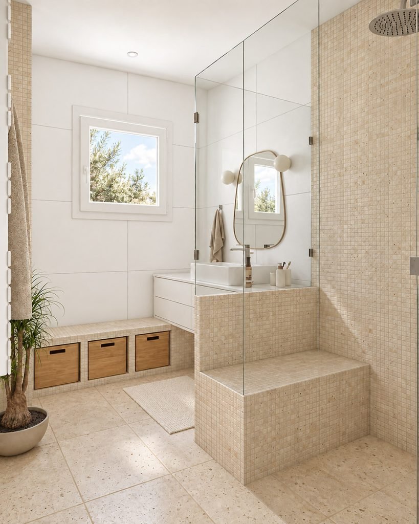 Salle d’eau chaleureuse en travertin et carrelage blanc avec douche ouverte, banc et meuble vasque suspendu.