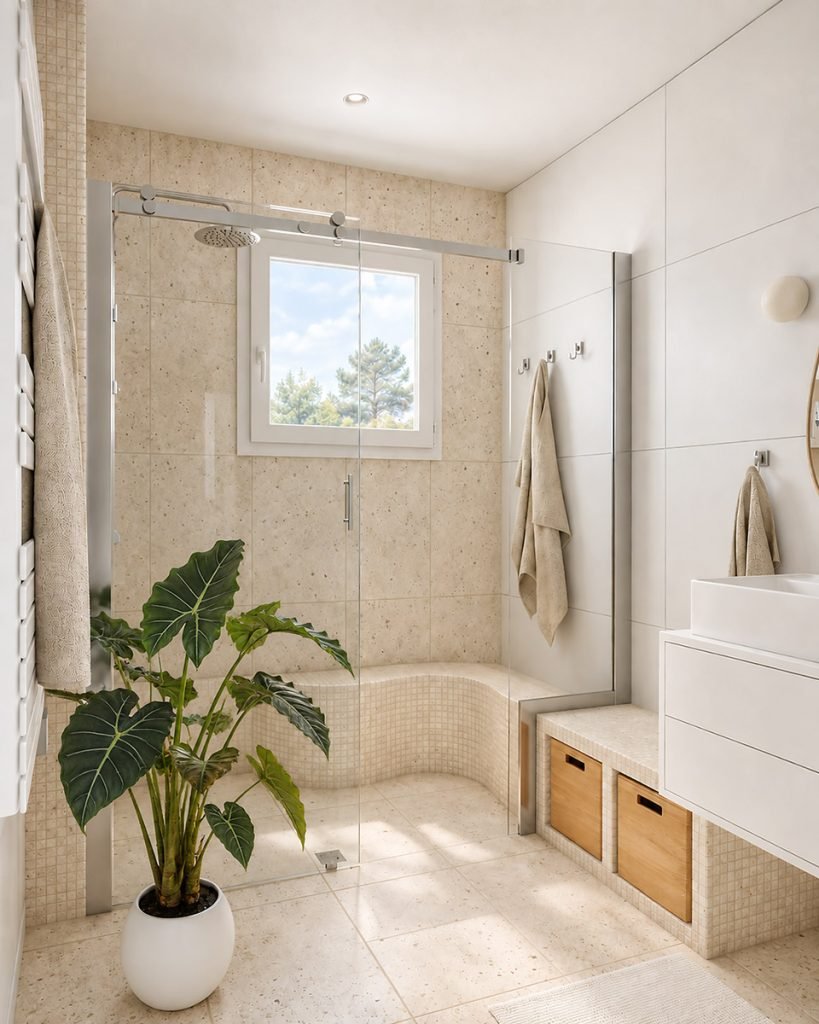 Salle d’eau lumineuse en travertin avec douche ouverte, assise arrondie et rangements en bois.