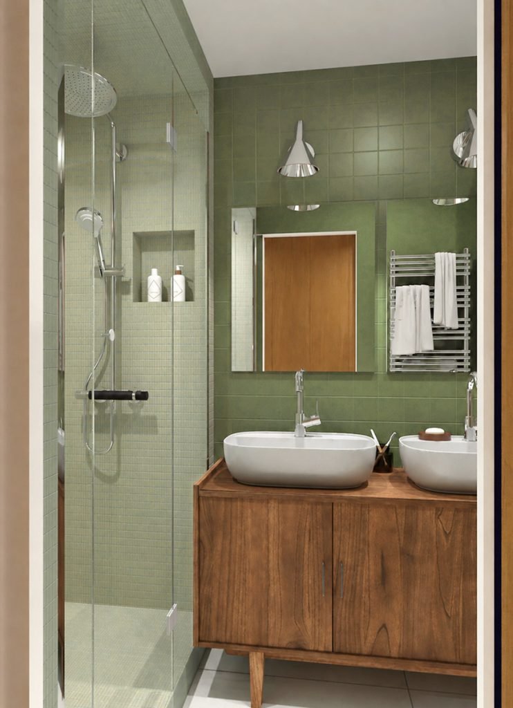 Salle d’eau verte avec douche vitrée et meuble en bois à double vasque.