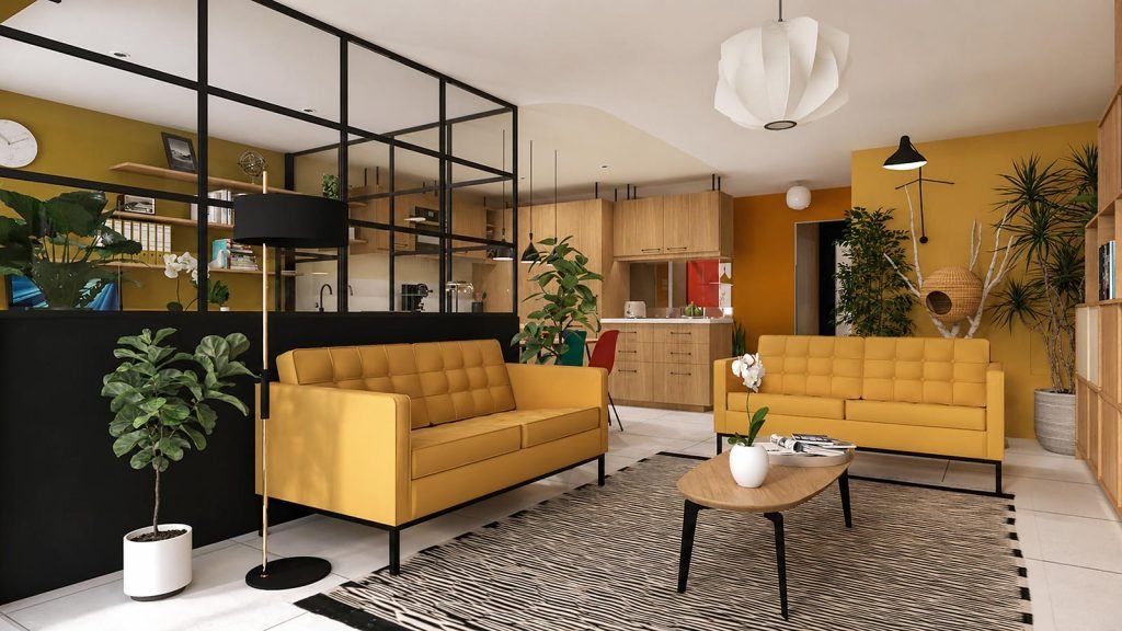 Salon avec deux canapés ocre, un tapis noir et blanc et une verrière noire séparant le bureau.
